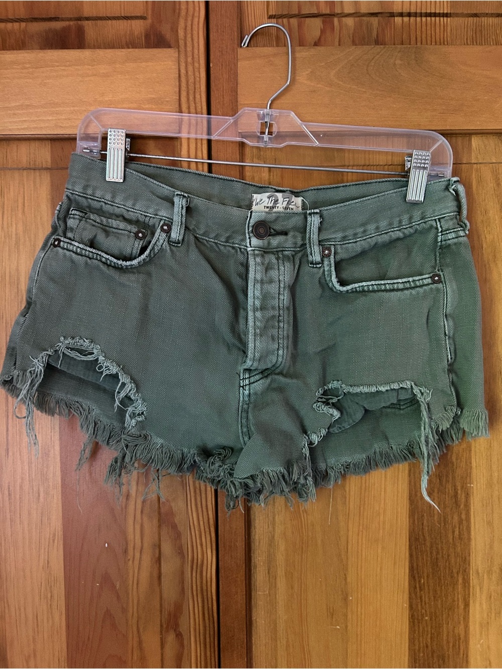 Free People Olive Green Distressed Denim Cutoff Shorts